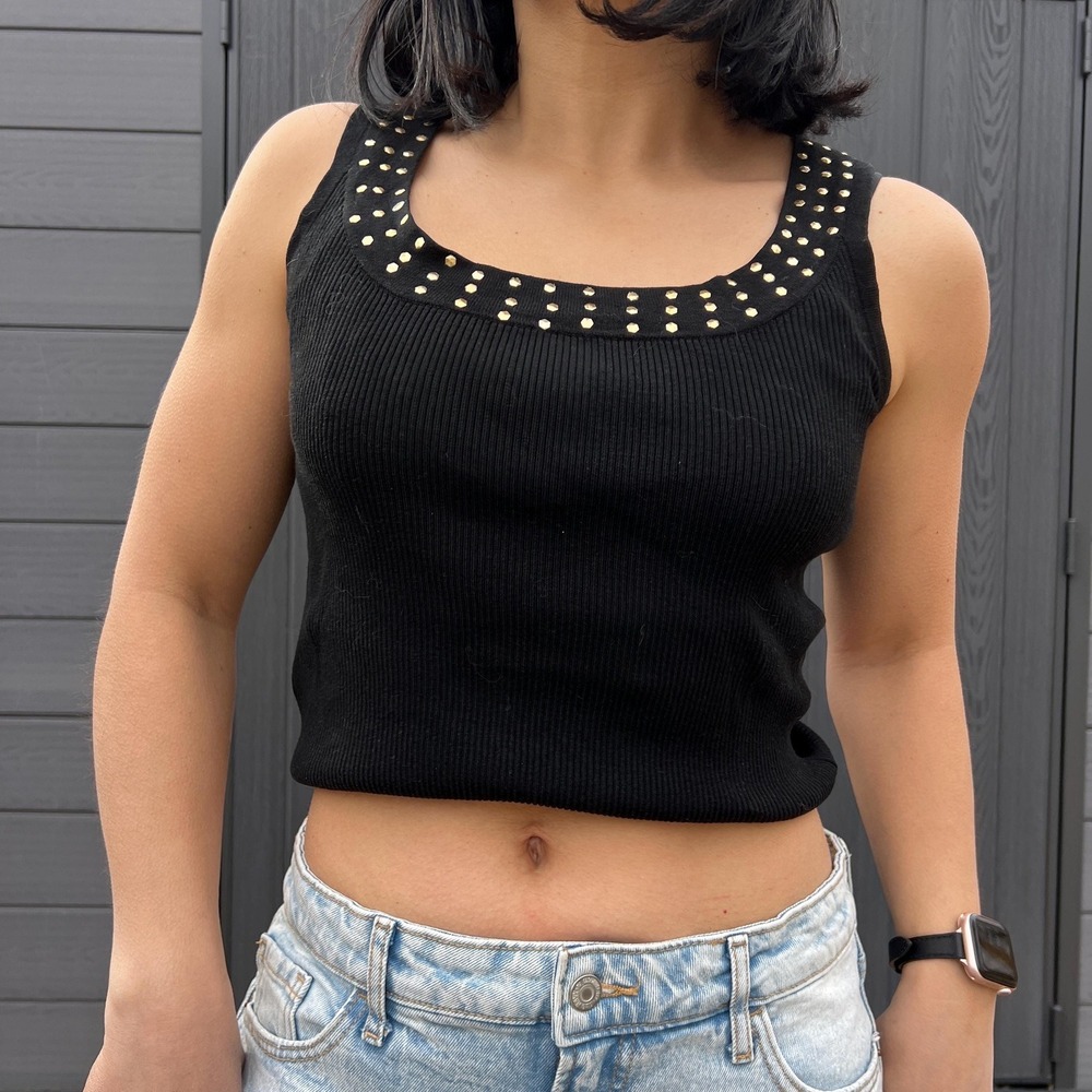 Black Silk Blend Studded Tank Top Gold Stud Neckline Minimalist Knit Shell small